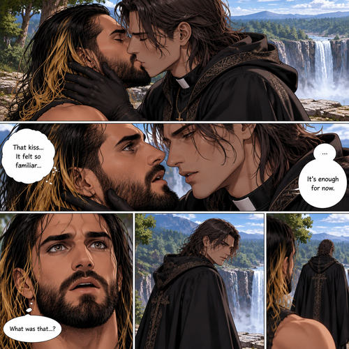 Part 5. Still at the cliff near the forest clearing with the waterfall view. The mysterious man (Damien priest) was kissing Seth Rollins. Seth felt like there was something familiar about the kiss. The man then pulled away