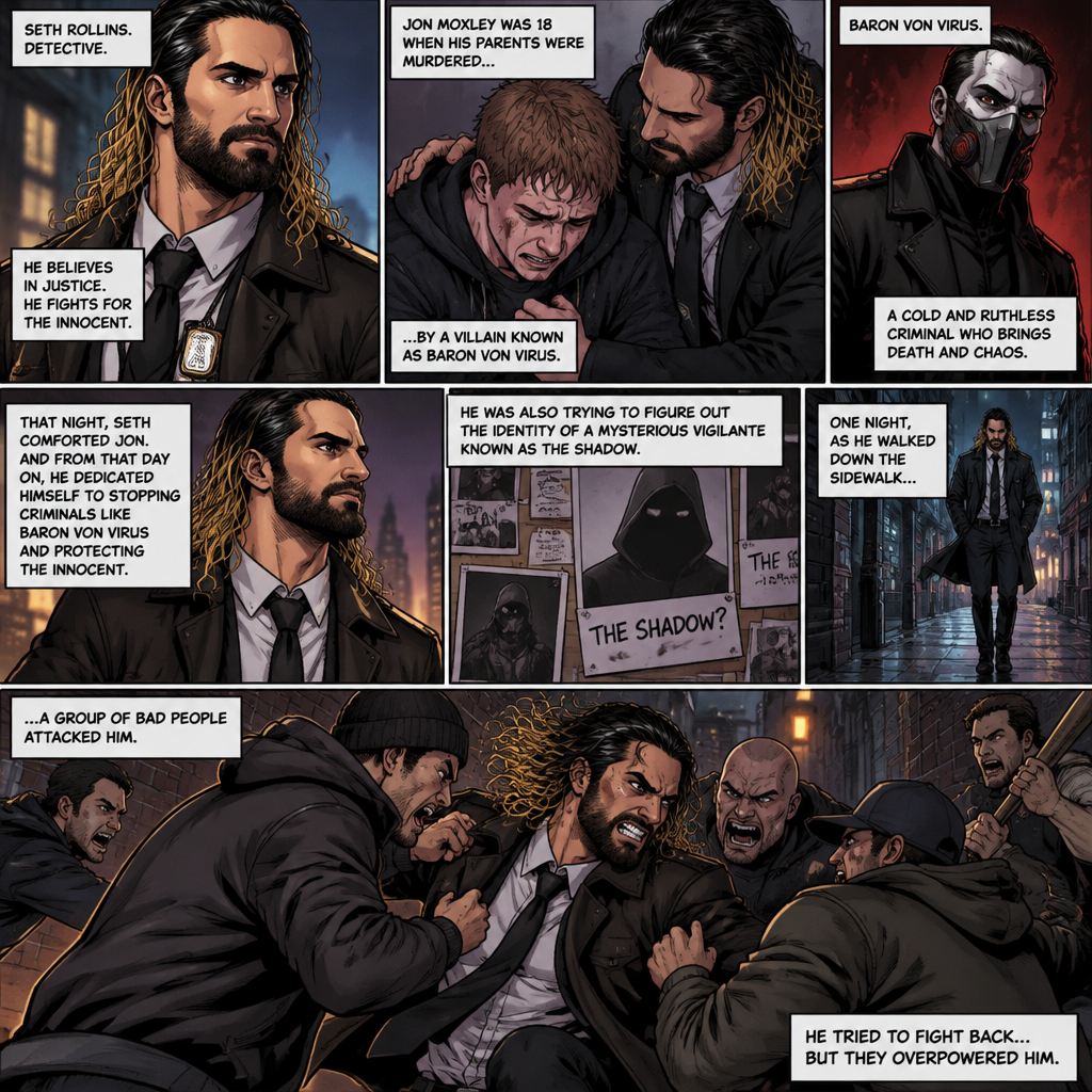 Seth Rollins is a detective. He and Jon Moxley had been friends for years. When Jon was 18 years old His parents were murdered by a villain known as Baron Von Virus. Seth comforted him that night. Ever since then Seth dedicated himself to stopping criminals like Baron Von virus and protecting the innocent. He was also trying to figure out the identity of a mysterious Vigilante known as the shadow. One night he walking down the sidewalk,Then a group of bad people attacked him. He tried to fight back but they overpowered him