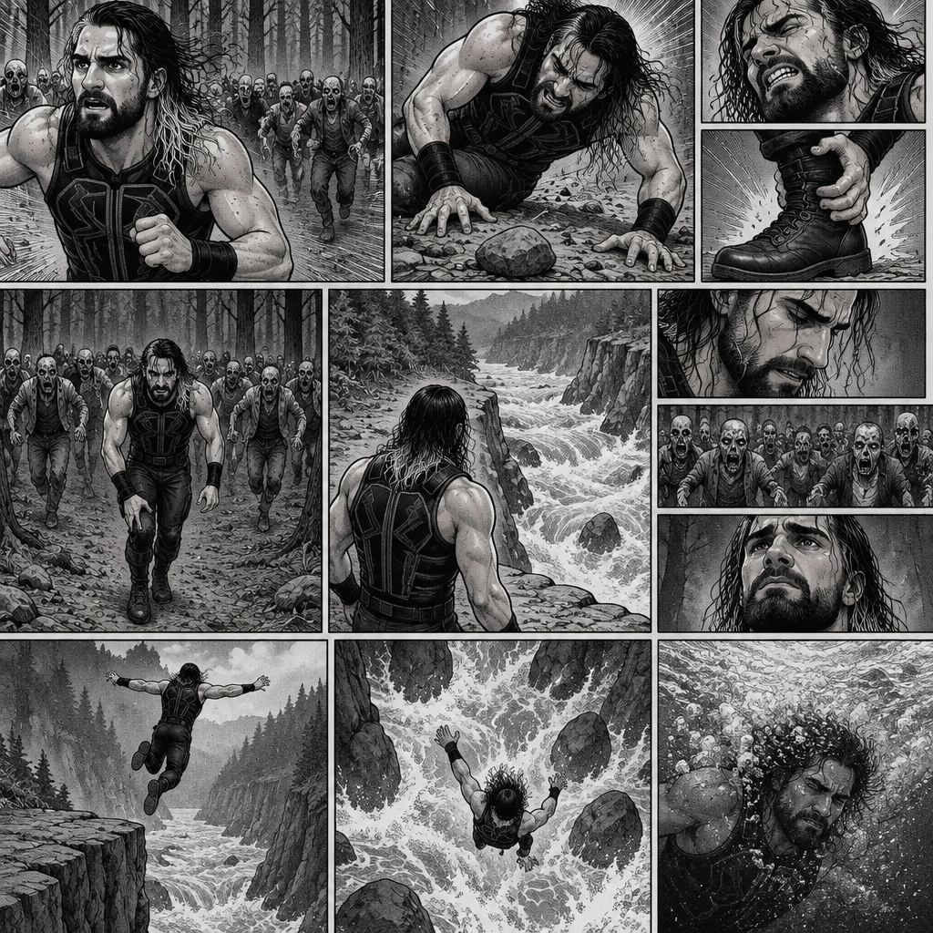 We’re in the woods during a zombie apocalypse,Someone was running…and that someone…is Seth Rollins. He was running from a zombie horde after being abandoned and left to die by his own group. He kept running….Till he tripped on a rock and sprained his ankle. The zombie horde was gaining on Seth,So he kept running despite the pain in his ankle. He was running and running….till he got to the edge of a cliff. He looks down,There was rapid water at the bottom. He turned around…the Zombie horde was getting closer. At this point…Seth had two choices,Either let the zombies eat him..or jump into the rapids. He thought about it….then he made a decision…he…Jumped into the rapids