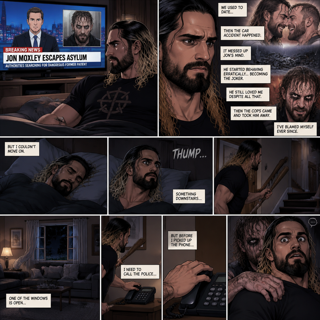 (Recap) Seth Rollins was at his house after a long day,A news report came on tv,The reporter said that Jon Moxley A.KA the Joker had escaped from the asylum that morning,Seth tensed up a bit,he and Jon used to date….then car accident happened witch messed up Jon’s mind,he started behaving erratically becoming the joker,he still loved Seth despite all that,then the cops came and took Jon away,Seth was devastated,he blamed himself ever since,he tried to move on but couldn’t. (And now part 2). Seth was asleep in his bed….then he was woken up by a noise coming from downstairs. He grabbed a bat and walked downstairs,when He got downstairs…he noticed…one of the windows in the living room was open. He got spooked. He ran to his home phone to call the police….but before he picked up the phone….someone grabbed him from behind.