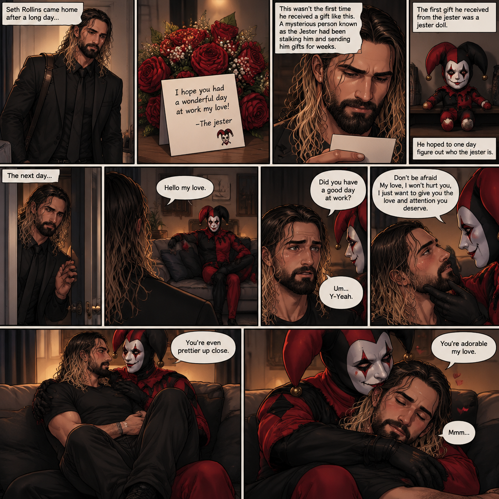 Seth Rollins came home after a long day,He discovered a bouquet of roses on his table. He reads the card,it says “I hope you had a wonderful day at work my love!-The jester”. This wasn’t the first time he received a gift like this. A mysterious person known as the Jester had been stalking him and sending him gifts for weeks. He was never able to figure who this person is. The first gift he received from the jester was a jester doll. He hoped to one day figure out who the jester is. The next day,he came home from work as usual….but….he discovered that the front door was cracked open a little. He got tense and approached with caution. He slowly walked inside the house,then….he heard a voice coming from the living room “Hello my love”. He looked at the source….it was…the jester….in person,Sitting on Seth’s couch. There was something familiar about him…but Seth couldn’t figure it out. “Did you have a good day at work?” Asked the Jester. Seth was a little nervous. “Um…Y-Yeah” said Seth. Seeing how nervous Seth was The Jester slowly walked towards Seth. He gently lifted Seth’s chin. “Don’t be afraid My love,I won’t hurt you,I just want to give you the love and attention you deserve” the jester said softly. Seth blushed a little. The jester lifted Seth in his arms,Then he walked back to the couch and sat down putting Seth on his lap. “You’re even prettier up close” the jester said softly. Seth’s heart fluttered. The jester Wrapped his arms around Seth. “You’re adorable my love” The jester said softly. Seth hummed softly. They cuddled on the couch