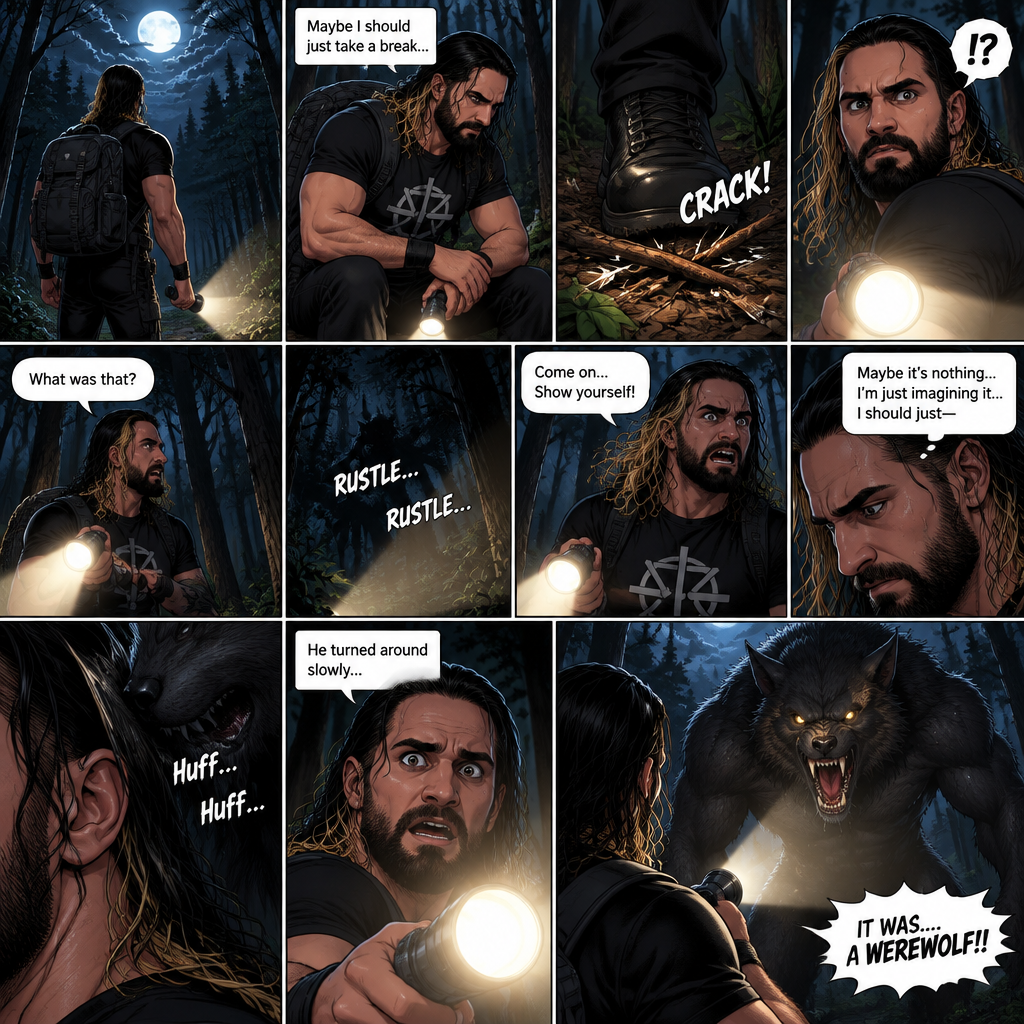 Seth Rollins was lost in the middle of the woods at night,The only this has right now is a backpack and a flashlight.He was about to take a break…then he heard something stepping on a twig.He looked around for the source pointing his flashlight,Then he heard something moving in the woods,He was looking frantically.He was about to give up….then he felt something breathing on him,his heart was beating loudly,He turned around slowly while pointing his flashlight…it was….A werewolf!!