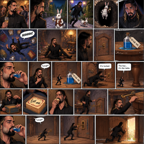 Seth Rollins was at a fancy party,Then he sees a white rabbit outside.It’s wearing a fancy vest and holding a pocket watch and it’s looking at him.Then it starts hopping away and Seth followed it.The rabbit kept hopping and Seth kept following,Until the rabbit jumped down the rabbit hole.Seth looked in the hole…Then he leaned in to far and started falling down the hole. “AHHHH!” Seth Yelled.He kept falling and falling,Till eventually he landed on the bottom.He looked at his surroundings,then he noticed a small door in front of him.He turned around and noticed a small table behind him,there’s a small potion on top of it and with a note attached to it that says “drink me”.He took the potion and took a sip,He coughed a little,Puts the potion back and shrinks (literally).He ran to the door and turned the handle…Its locked.He found the key…and it’s…the table,He’s too small to reach it.he looks around for a solution,Then he sees a box,He opens it,inside is a square shaped cake with writing on it that says “Eat me”.He eats it…and then grows (literally).He grabs the key,Drinks the potion again,Coughed and shrinks (Again literally).He runs to the door and unlocks it with the key,He opens the door