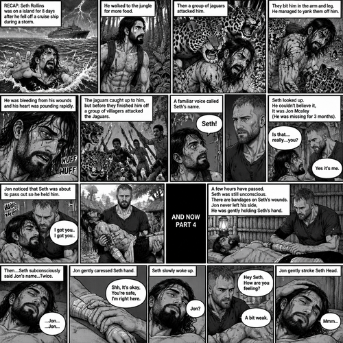 (Recap) Seth Rollins was on a Island for 8 days after he fell off a cruise ship during a storm,He walked to the jungle for more food,Then a group of jaguars attacked him,They bit him in the arm and leg,He managed to yank them off him,He was bleeding from his wounds and his heart was pounding rapidly,The jaguars caught up to him,but before they finished him off a group of villagers attacked the Jaguars,A familiar Voice called Seth’s name,Seth looked up,He couldn’t believe it,It was Jon Moxley (He was missing for 3 months),Jon gently helped Seth stand up,”Is that….really….you?” Seth asked,”Yes it’s me” Said Jon,Jon noticed that Seth was about to pass out so he held him,Seth passed out in Jon’s Arms,”I got you..I got you” Said Jon,He lifted Seth in his arms. (And now part 4). A few hours have passed,Seth was still unconscious,There are bandages on Seth’s wounds. Jon never left his side,He was gently holding Seth’s hand. Then….Seth subconsciously said Jon’s name…Twice. Jon gently caressed Seth hand. “Shh,It’s okay,You’re safe,I’m right here” Jon said softly. Seth slowly woke up. “Jon?” Seth asked softly. “Hey Seth,How are you feeling?” Jon said softly. “A bit weak” Seth said softly. Jon gently stroke Seth’s Head. Seth hummed softly