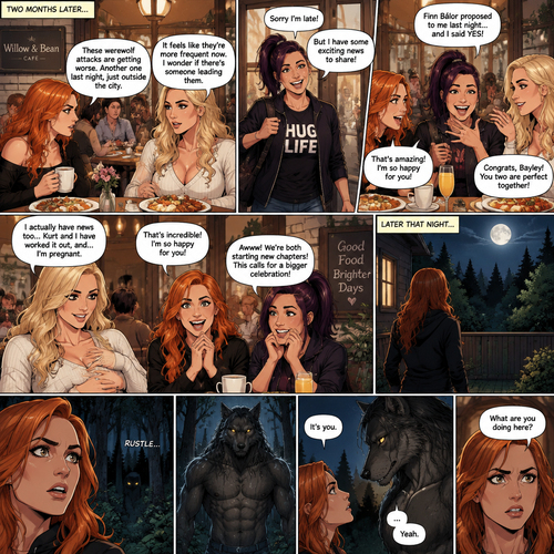 (Part 2 of the Werewolf X human story). It’s been two months since the night Becky Lynch and Her friends Charlotte Flair and Bayley saved the Man (Seth Rollins). They haven’t seen him since. Becky and charlotte were having brunch at a cafe,They were talking about the recent werewolf attacks. Then Bayley showed up late….with a happy grin on her face. She apologized for being late and sat at the table. Then she said she’s has some exciting news to share with the two of them….Finn Bálor proposed to her last night…and she said yes. Becky and Charlotte were happy and excited for Bayley. Then Charlotte said she’s has some news of her own. She and her husband (Kurt Wagner a.k.a nightcrawler) have worked it out…and She’s pregnant. Becky and Bayley were happy and excited for Charlotte. Later that night,Becky was in her backyard looking at the moon…then…She heard a noise from the forest near her house. She looked closely. A pair of Yellow eyes were looking at her. A werewolf slowly walked out of the forest and walked towards her. Her heart was pounding. The werewolf stood in front of her. She….recognized those eyes….it was the man Becky and the girls saved two months ago. “It’s you” said Becky. He nodded. “What are you doing here?” Becky asked 