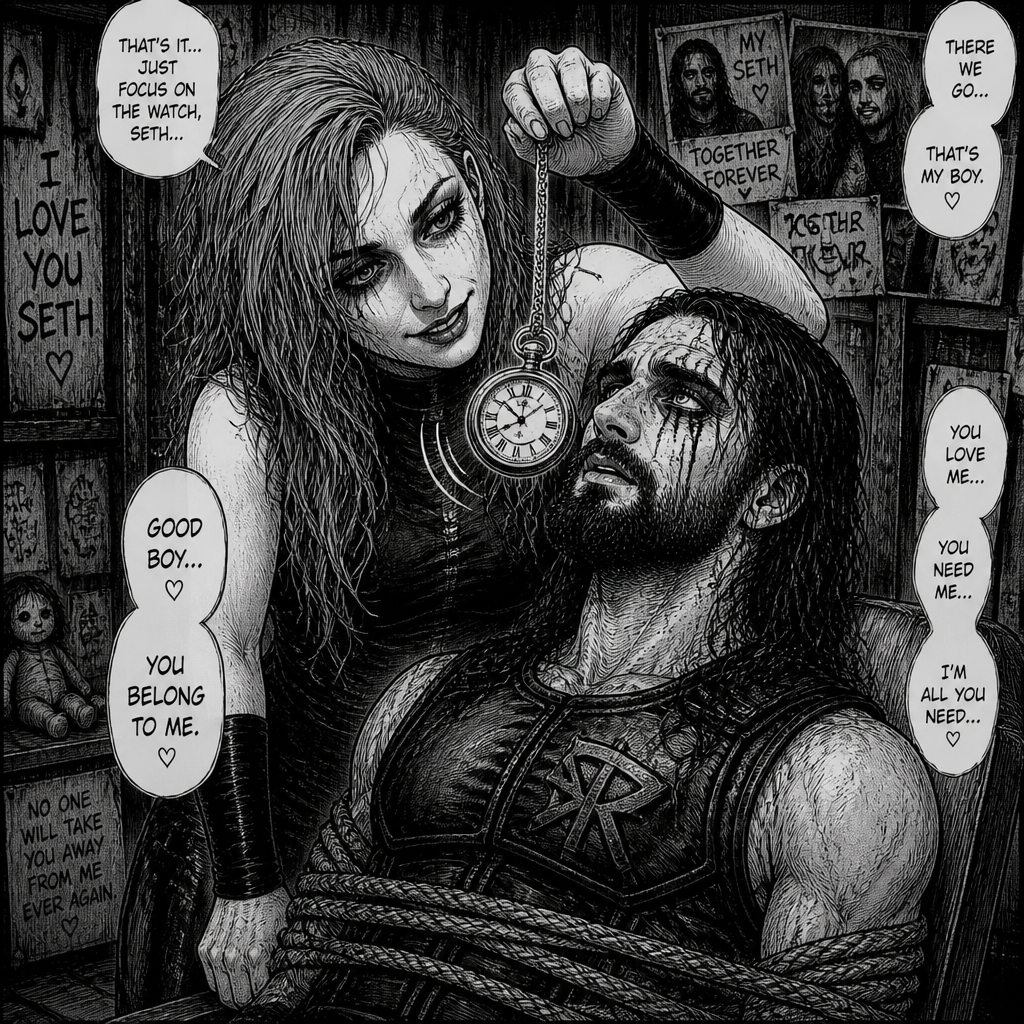 Becky Lynch obsessed with Seth Rollins so she kidnapped him.She takes out a pocket watch and swings it side to side in front of Seth to hypnotize him into loving her