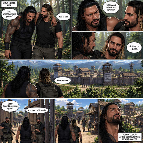 (Part 2 of the Zombie Apocalypse story). Still in the woods,Still far away from the zombies. Roman Reigns was still limping from the sprained ankle and Seth Rollins was helping him walk. It had been 4 hours since they reunited. “So…where are we going?” Roman asked. “You’ll see” said Seth. “I still can’t believe you survived” Said Roman. “Got lucky i guess” said Seth. They kept walking till they spotted a community like town up a head. “Here we are” Said Seth. They walked towards it. One of the guards recognized Seth. The guards let Seth and Roman in. Roman looked at the surroundings,he was amazed