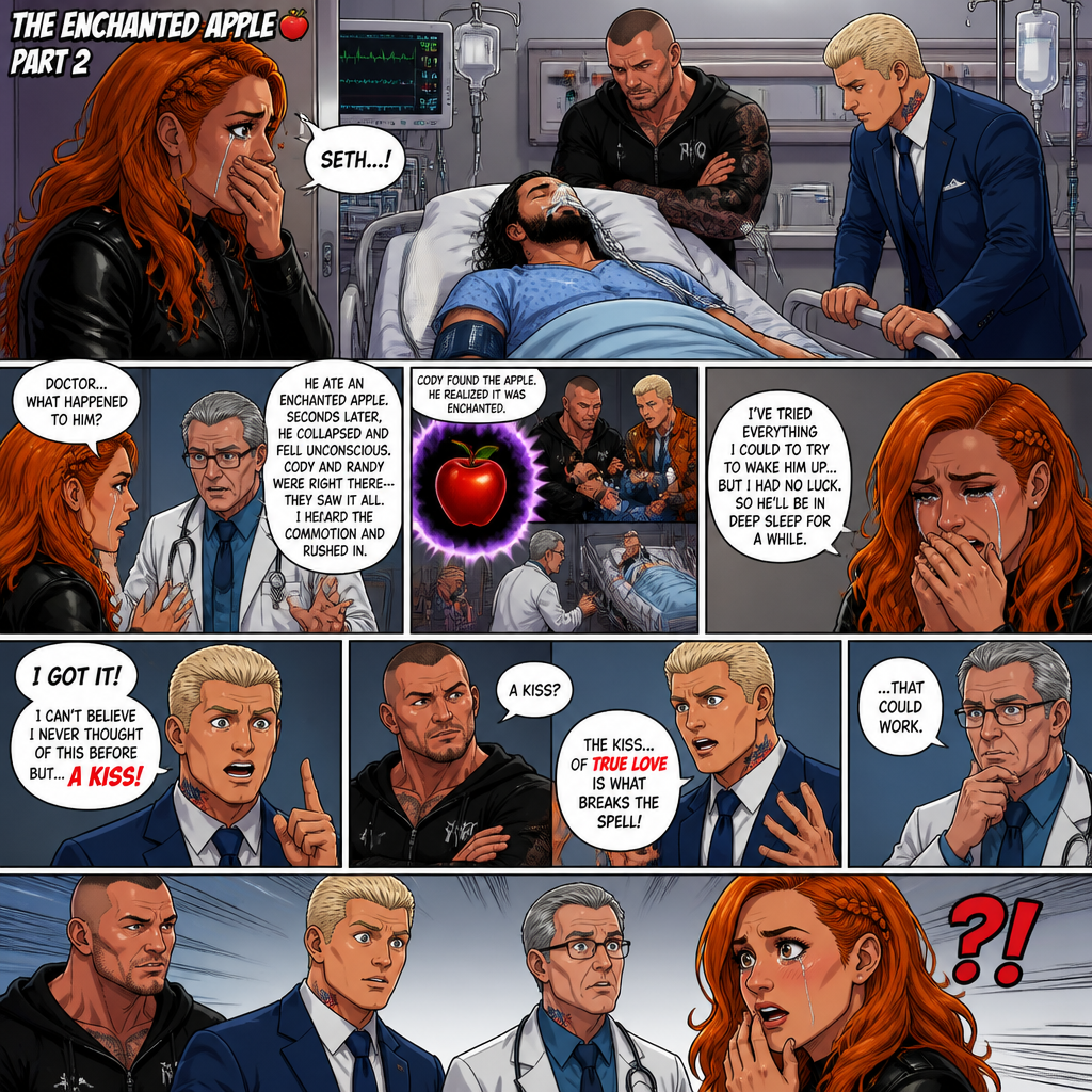 Part 2 of the enchanted apple story.Seth Rollins is now at the hospital Still unconscious after eating the enchanted apple with Randy Orton and Cody Rhodes by his side.Then Becky Lynch showed up after getting the call about Seth being in the hospital,She was in tears.She asked the doctor what happened to him.The doctor tells her what happened from the Apple,To Seth falling unconscious,To Cody and Randy witnessing it,To the doctor hearing the commotion,To Cody discovering the apple was enchanted ”I’ve tried everything I could to try to wake up…but I had no luck,So he’ll be in deep sleep for a while” Said the doctor. Becky cried,While Randy and Cody just looked sad.Then…Cody suddenly thought of a solution, “I got it! I can’t I never thought of this before but…A kiss!” Said Cody. Randy raised an eyebrow “A kiss?” Asked Randy. “The kiss…Of true love is what breaks the spell” said Cody “…That could work* Said the doctor.Every one turns their heads to look at Becky