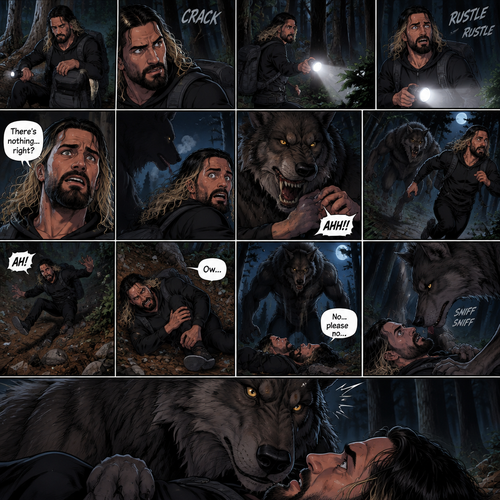 Seth Rollins was lost in the middle of the woods at night,The only this has right now is a backpack and a flashlight.He was about to take a break…then he heard something stepping on a twig.He looked around for the source pointing his flashlight,Then he heard something moving in the woods,He was looking frantically.He was about to give up….then he felt something breathing on him,his heart was beating loudly,He turned around slowly while pointing his flashlight…it was….A werewolf!!.Seth Yelled in fear and ran.The werewolf chased after him,It was gaining on Seth…but he wasn’t about to give up now..so he kept running.Seth was still running….then he tripped and rolled down a steep hill,He sprained his ankle on the way down…and then he hit his head at the bottom of the hill. “Ow” said Seth.He rolled on his back,His head and his ankle were hurting.The werewolf caught up to him. “No…please no” said Seth. The werewolf slowly walked up to him,Then it slowly got on top of him.he braced himself,He thought the werewolf was gonna eat him….But….it didn’t happen…instead…the werewolf leaned forward and sniffed him.The werewolf snapped his head up to look at Seth afterwards