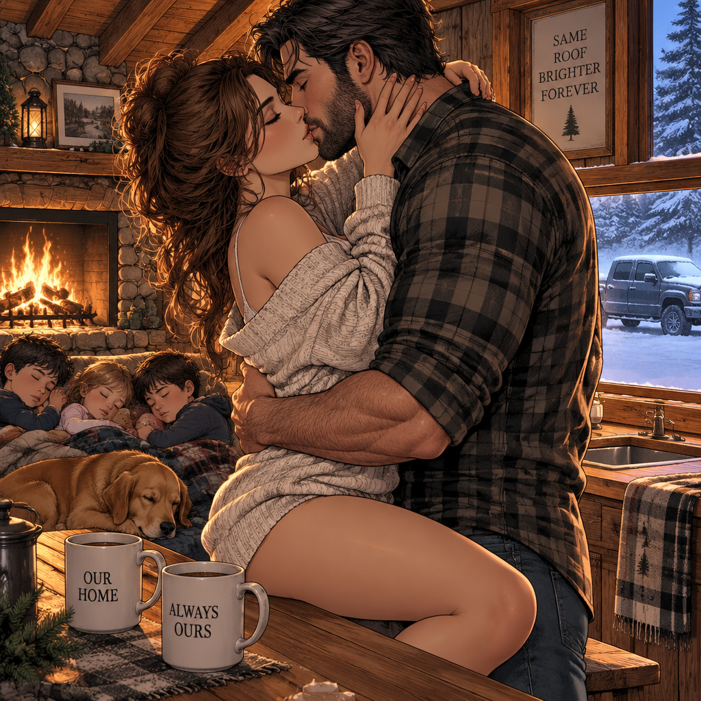 right here beside the warm fire then, daddy, because the trios are completely full and they are loving their father's profound, unbroken closeness under this ceiling today, I murmur proudly against your rugged jawline, giving you one last slow, deeply passionate morning kiss that finalizes our absolute happy ending victory directly into the timbers.iThe unfiled deed can rot, the dead clock stays stopped below, and our beautiful family fortress answers completely to the pair of us from the inside forever. Keep your massive, powertul arm wrapped tight around my waist on this kitchen bench, husband, let the family truck idle until their fuel runs dry in the snow, and let's close the day flat, certain, and locked tightly in each other's arms. We are finally, permanently home.