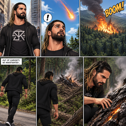 Seth Rollins was walking down the street,Then suddenly a fire ball came out of the sky and crash landed in the nearby forest.Out of curiosity he investigated