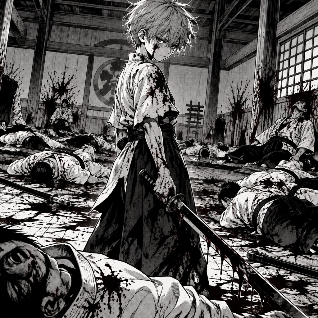 Kid boy slaughtered his whole dojo remove words . With gray hair