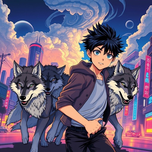 Nightfall In the city with 18 year old teenage boy leading a pack of wolves 