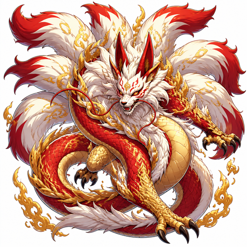 Oni Nine tail fox loung dragon fusion. Colors gold red white. Able to trace with pencil 