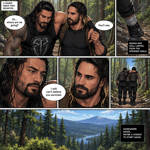 (Part 2 of the Zombie Apocalypse story). Still in the woods,Still far away from the zombies. Roman Reigns was still limping from the sprained ankle and Seth Rollins was helping him walk. It had been 4 hours since they reunited. “So…where are we going?” Roman asked. “You’ll see” said Seth. “I still can’t believe you survived” Said Roman