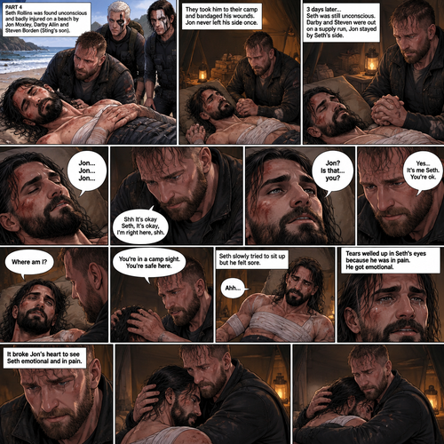 Part 4 of the apocalypse story.Seth Rollins was found unconscious and badly injured on a beach by Jon Moxley,Darby Allin and Steven Borden (Sting’s son).They took him to their camp and bandaged his wounds.Jon never left his side once.3 days later,Seth was still unconscious,Darby and Steven were out on a supply run,Jon stayed by Seth’s side for the past three days.Jon gently held Seth’s hand,Then…Seth Spoke Jon’s name subconsciously “Jon…Jon…Jon”.Jon gently stroked Seth’s head. “Shh It’s okay Seth,It’s okay,I’m right here,shh” Jon whispered.Seth breathed softly,Then….His eyes started to slowly open,The first thing he sees is Jon looking down at him. Seth spoke weakly “Jon?,Is that…you?”. “Yes..It’s me Seth,You’re ok” Jon said softly. “Where am I?” Seth Asked in a weak voice. “You’re in a camp sight,You’re safe here” Jon said Softly.Seth slowly tried to sit up but he felt sore.Seeing Seth was trying to sit up but couldn’t because of the pain Jon helped him.Tears welled up in Seth’s eyes because he was in pain,He got emotional.It broke Jon’s heart to see Seth emotional and in pain,He gently pulled Seth into his embrace