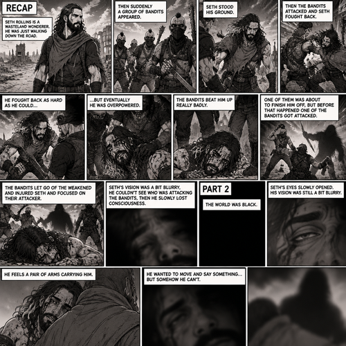 (Recap).Seth Rollins is a wasteland wonderer,He was just walking down the road,Then suddenly A group of bandits appeared,Seth stood his ground,Then the bandits attacked and Seth fought back,He fought back as hard as he could,but eventually he was overpowered,The bandits beat him up really badly,One of them was about to finish him off but before that happened One of the bandits got attacked,The bandits let go of the weakened and Injured Seth and focused on their attacker,Seth’s vision was a bit blurry,he couldn’t see who was attacking the bandits,then he slowly lost consciousness. (And now part 2). The world was black. Seth’s eyes slowly opened,His vision was still a bit blurry. He feels a pair of arms carrying him. He wanted to move and say something…but somehow he can’t