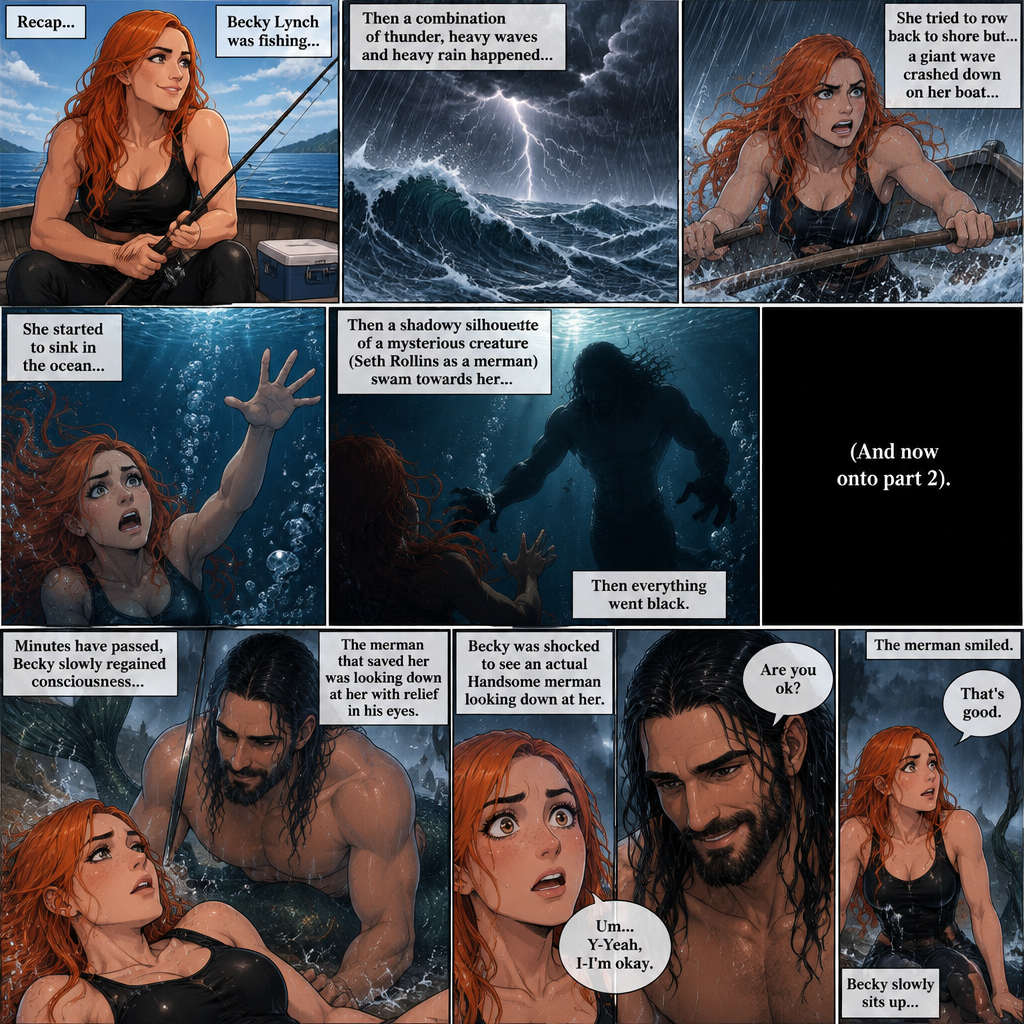(Recap) Becky lynch was fishing,then a combination of thunder,Heavy waves and heavy rain happened,She tried to row back to shore but a giant wave crashed down on her boat,she started to sink in the ocean,then a shadowy silhouette of a mysterious creature (Seth Rollins as a merman) swam towards her,Then everything went black. (And now onto part 2). Minutes have passed,Becky slowly regained consciousness,The merman that saved her was looking down at her with relief in his eyes. “Are you ok?” Asked the merman. Becky was shocked to see an actual Handsome merman looking down at her. “Um…Y-Yeah,I-I’m okay” said Becky. The merman smiled. “That’s good” said the merman. Becky slowly sits up