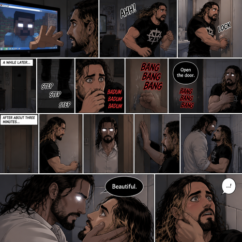 (part 2) Minecraft is still running. Herobrine still stared at Seth Rollins through the webcam. Seth was still paralyzed from fear. Herobrine put his hand on the screen…it went through. Seth ran out of the room in fear and locked himself in the bathroom. For a while nothing happened…then there were footsteps outside the door. Seth’s heart was pounding. Then…..something banged on the door. Seth scrambled away from the door in fear. Then a voice spoke from the door “Open the door”. Seth was too scared to move. The banging on the door continued. After about three minutes,The banging stopped. Seth slowly stood up,Then he slowly walked to the door. He unlocked the door and slowly opened it….Herobrine was standing in front of him….in human form. Seth was about to slam the door but herobrine prevented him from doing so,Then he slowly walked into the bathroom backing Seth into a wall. He slowly wrapped his arm around Seth’s waist,Then he placed his hand on Seth’s cheek. Seth was confused. Then….Herobrine spoke “Beautiful”. Seth gasped softly
