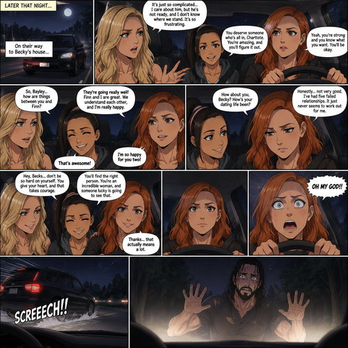 It was late at night,Becky Lynch Was in a car with Charlotte Flair and Bayley. They were driving to Becky’s house. Charlotte was talking about her complicated love life. Becky and Bayley were giving her words of comfort and support. Charlotte then asked Bayley how things were between her and Finn Bálor (They’re dating in this story). Bayley said things were going very well between the two of them. Becky and Charlotte were both happy to hear that. Bayley then looked at Becky and asked How HER dating life had been. Becky got a sad look on her face as she admitted that her dating life wasn’t doing very good,She had Five failed relationships. Charlotte and Bayley gave Becky words of comfort. Becky felt a little better. Then Becky looked at the road and suddenly yelled “OH MY GOD!!” And slammed on the breaks. There was a man (Seth Rollins) standing in front of the car,He was covered in bad scratches. He had a frightened expression on his face