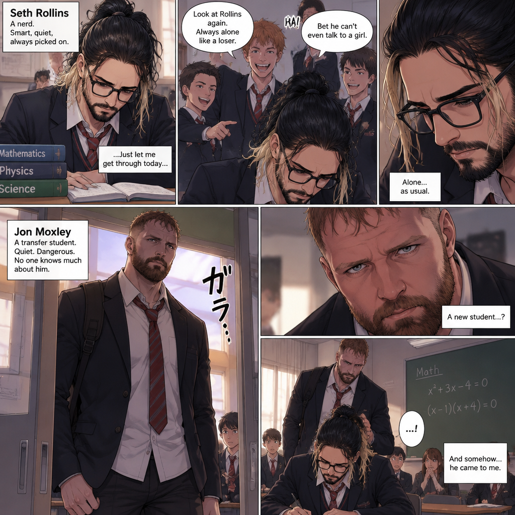 (Yandere x Nerd). Seth Rollins is a nerd in high school,He was bullied by popular students. He sat alone at a desk during math class….Then a long Came Jon Moxley (A transfer student)