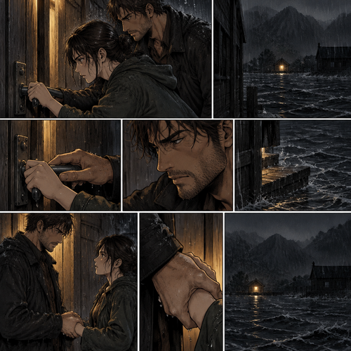 *Her fingers bite into the cold metal before his own close, the two of them fighting the same door against the storm's shoulder. The lamp from the cottage throws a wet gold line across the boards between them, and the water keeps its low roll against the running boards, patient, rising.*
*He looks at her hand closed over the handle where his own hangs half a breath behind, and the rest of the words she's pitching into the wind land in the space between them like stones dropped into a flood — not lost, just sunk, and held. His jaw works once, the jaw that has held every gate and wall and winter of this ridge, and it does not find the argument. The single lamp across the water flickers once and steadies, and the dark cabin past the far roof gives back nothing at all.*
*Water laps a hand's width up the step. He reads the bank once more — the far roof, the last dark sill, the open lane between them going black and moving — and then he lets go of the handle and gives his hand to hers, palm flat, the way he gives it at the fence before he trusts the ground. It is not a surrender. It is the same closed fist he has never once opened to another soul on this mountain, and he has finally found the one worth opening it for.*
