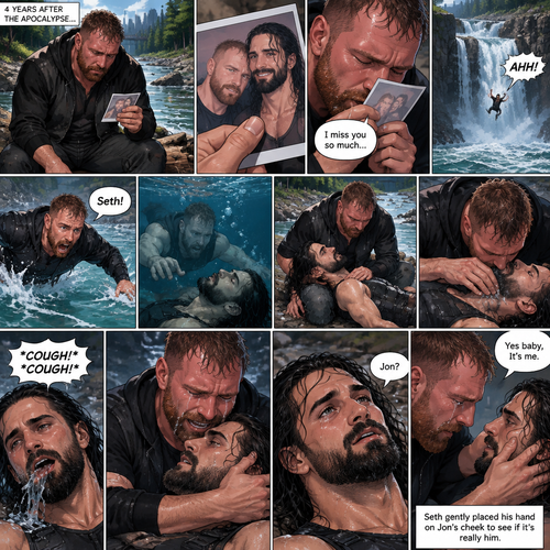 (Recap) Still in the zombie apocalypse. (This was Jon Moxley’s POV). Jon sat on a log near the river alone looking sad,He was looking at a romantic photo of him and Seth Rollins before the apocalypse began,He thought Seth died the day of the apocalypse started 4 years ago,He gently kissed the photo and said he misses Seth So much,He saw someone fall down the waterfall,he jumped in the water,As he swam he got a better look at the person,It turned out to be Seth,He swam faster and got him,He was to shore and Gently placed Seth’s down,He did CPR and mouth to mouth on Seth,When all hope seemed lost Seth coughed out water,Jon gently held Seth with tears of joy streaming down his face,Seth slowly opened his eyes,”Jon?” Seth asked weakly. (And now part 4). Jon gently placed his hand on Seth’s cheek. “Yes baby,It’s me” Jon said Softly. Seth gently placed his hand on Jon’s cheek to see if it’s really him