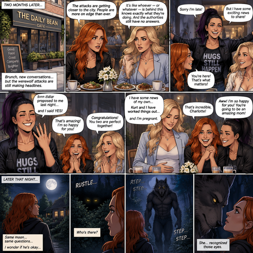 (Part 2 of the Werewolf X human story). It’s been two months since the night Becky Lynch and Her friends Charlotte Flair and Bayley saved the Man (Seth Rollins). They haven’t seen him since. Becky and charlotte were having brunch at a cafe,They were talking about the recent werewolf attacks. Then Bayley showed up late….with a happy grin on her face. She apologized for being late and sat at the table. Then she said she’s has some exciting news to share with the two of them….Finn Bálor proposed to her last night…and she said yes. Becky and Charlotte were happy and excited for Bayley. Then Charlotte said she’s has some news of her own. She and her husband (Kurt Wagner a.k.a nightcrawler) have worked it out…and She’s pregnant. Becky and Bayley were happy and excited for Charlotte. Later that night,Becky was in her backyard looking at the moon…then…She heard a noise from the forest near her house. She looked closely. A pair of Yellow eyes were looking at her. A werewolf slowly walked out of the forest and walked towards her. Her heart was pounding. The werewolf stood in front of her. She….recognized those eyes 