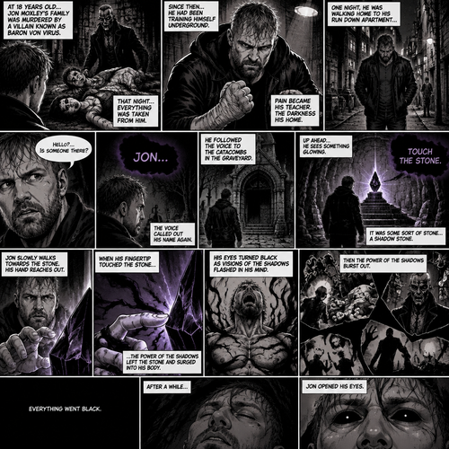Jon Moxley as a vigilante born from tragedy. When he was 18 years old his family was murdered by a villain known as Baron Von Virus. Since then he had been training himself underground. One night he was walking home to his run down apartment…then he heard a mysterious voice call out his name. “Hello?…Is someone there?” Jon asked. It called out his name again. He followed the voice to the catacombs in the graveyard. Up ahead…He sees something glowing. It was some sort of stone…a shadow stone. Then the voice repeats “Touch the Stone”. Jon slowly walks towards the stone,His hand reaches out. When his fingertip touched the stone…the power of the shadows left the stone and surged into His body. His eyes turned black as visions of the shadows flashed in his mind. Then the power of the shadows burst out. Everything went black. After a while,Jon opened his eyes
