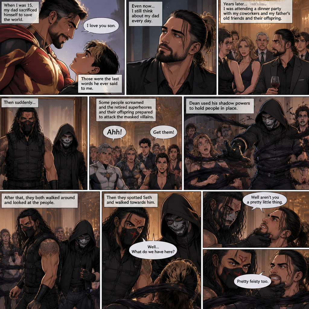 (Part 1 of an Ambrolleigns story) Seth Rollins is the son of a famous superhero. When he was 15 years old his sad sacrificed himself to save the world,the last this his dad said to him was “I love you son”. As an adult he still thinks about his dad. One day He was attending a dinner party with his coworkers and his father’s old friends and their offsprings,Then suddenly….Two masked villains (Roman Reigns and Dean Ambrose) bursts in. Some people screamed and the retired superhero’s and their offspring prepared to attack the masked villains. Then Dean used his shadow powers to hold people In place. After that they both walked around and Looked at the people,Then they spotted Seth and walked towards him. “Well…What do we have here?” Roman asked. Dean grabbed Seth’s chin. “Well aren’t you a pretty little thing” Said Dean. Seth struggled against the shadow binds. “Pretty feisty too” said Roman