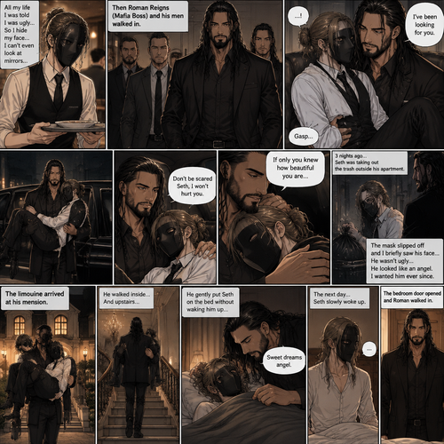 (Recap) Seth Rollins is a waiter at a restaurant,He’s wearing a mask that covers his face because all his life he was told he was ugly and he believed them,He’s also was even too afraid to look at mirrors,Then Roman Reigns (Mafia Boss) and his men walked in,Seth was nervous but walked over here,Roman wrapped his arm around Seth’s waist and pulled him onto his lap,Seth gasped softly,Roman stated that he’s been looking for him,He got up with Seth in his arms and walked to his limousine,He put Seth on the seat,Then he got in and sat beside him,The driver drove away,Roman Wrapped his arm around Seth,”Don’t be scared Seth,I won’t hurt you” Roman Said softly. Seth slowly relaxed,Roman gently rubbed Seth’s back,Seth fell asleep,Roman gently traced the mask on Seth’s face,”If only you knew how beautiful you are” Roman said Softly,3 nights ago Seth was taking out the trash outside his apartment,Roman happened to walk by without Seth noticing,The mask somehow slipped off Seth’s face,He panicked and picked it up and put it back on,Roman briefly saw Seth’s face,He didn’t see an ugly person,he saw someone who looked like an angel,He wanted him ever since. (And now part 4). Roman’s limousine arrived at his mansion. He got out while holding the sleeping Seth in his arms. He walked inside,Once he got inside he walked upstairs. He walked down the hall to his bedroom. He got in his bedroom,Then he gently put Seth on the bed without waking him up,Then he put a blanket over him. He gently kissed Seth’s forehead. “Sweet dreams angel” Roman said softly. The next day,Seth slowly woke up. He slowly sat up,Then he looked at his surroundings. The bedroom door opened and Roman walked in