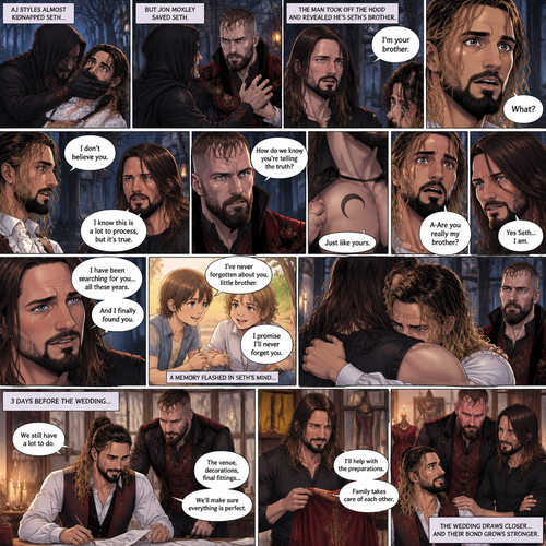 (Recap) Seth Rollins (The vampire hunter turned Bride of the Vampire king) was almost kidnapped by A mysterious figure (AJ Styles),Jon Moxley (Vampire King) Saved Seth,The man took off the hood and revealed he’s Seth’s brother,Seth was stunned. “What?” Seth asked,”I’m your brother” said Aj,Seth shook his head a little,”I don’t believe you” Said Seth,”I know this is a lot to process,but it’s true” said Aj,Jon gently pulled Seth to his side,”How do we know you’re telling the truth?” Jon asked cautiously,Aj shows his birthmark,It’s the shape of a crescent moon…just like Seth’s. Seth was stunned,All this time he thought he was the only one with that birthmark’”A-Are you really my brother?” Seth asked,”Yes Seth…I am” said Aj,”I have been searching for you…all these years” Aj paused,Tears welling up in his eyes,”And I finally found you” Aj continued,Seth didn’t know what to say,Neither did Jon,”I’ve never forgotten about you,little brother” Said Aj,Something flashed in Seth’s mind,it was a memory of himself and Aj when they were little,Aj (as a kid) had promised Seth he would never forget him,The flashback ends,Tears welled up in Seth’s eyes,Seth and Aj hugged each other,Jon just watched. (And now part 8). 3 days before the wedding,Seth and Jon were still preparing. Aj helped out