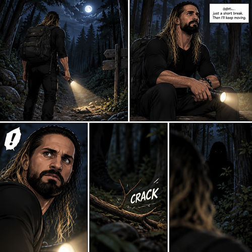 Seth Rollins was lost in the middle of the woods at night,The only this has right now is a backpack and a flashlight.He was about to take a break…then he heard something stepping on a twig