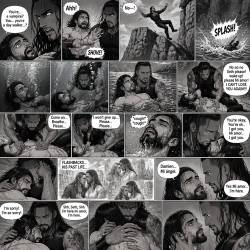 Part 6.Seth Rollins got scared after discovering that the mysterious man (WWE superstar Damien Priest) is a day walker vampire. Seth shoved the man off him…which caused Seth to Stumble and fall off the cliff backwards,Then he hit the water and lost consciousness after. The man was horrified and dived into the water to save Seth,He managed to reach him. He then swam up to the shore with Seth in his arms,He gently put Seth down on the shore. The man panicked,He thought he was gonna lose Seth..again. “No no no Seth please! wake up!please Mi amor! I CAN’T LOSE YOU AGAIN!!!” Said the man. The man then started CPR on Seth hoping he could save him. He kept trying and trying…then…Seth Spat out water and coughed. The man was very relieved,He gently pulled Seth in his embrace while Seth was catching his breath. “You’re okay,You’re ok..I got you,Mi amor..I got you” The man Said softly. As Seth was catching his breath…Flashbacks…of his past life…flashed in his mind. After a while Seth looked up at….The love of his past life..and said his name “Damien…Mi ángel”. Damien was happy that Seth remembered him at long last.,He gently stroked his cheek. “Yes Mi amor..I’m here” Damien said softly. Seth hugged and Damien and cried. “I’m sorry! I’m so sorry!” Seth said through his tears. Damien hugged Seth back and tried to comfort him. “Shh,Seth,Shh,I’m here mi amor,I’m here” Damien said softly. Damien gently rubbed Seth’s back while Seth cried. After a while Seth slowly stopped crying and looked up at Damien