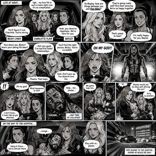 It was late at night,Becky Lynch Was in a car with Charlotte Flair and Bayley. They were driving to Becky’s house. Charlotte was talking about her complicated love life. Becky and Bayley were giving her words of comfort and support. Charlotte then asked Bayley how things were between her and Finn Bálor (They’re dating in this story). Bayley said things were going very well between the two of them. Becky and Charlotte were both happy to hear that. Bayley then looked at Becky and asked How HER dating life had been. Becky got a sad look on her face as she admitted that her dating life wasn’t doing very good,She had Five failed relationships. Charlotte and Bayley gave Becky words of comfort. Becky felt a little better. Then Becky looked at the road and suddenly yelled “OH MY GOD!!” And slammed on the breaks. There was a man (Seth Rollins) standing in front of the car,He was covered in bad scratches. He had a frightened expression on his face,He looked like he got attacked by a wild animal. Becky,Charlotte and Bayley were horrified. Then…the man spoke “Help…me….please”, then he collapsed on the road and passed out. The girls got out of the car and rushed over to the man. “Oh my god” Said charlotte. “What happened to him?” Bayley asked. “I don’t know…it looks like he got attacked” Said Becky. The man groaned in pain subconsciously. “We gotta help him” Said Becky. Bayley and Charlotte nodded in agreement. “Bayley would you be okay with driving the car?” Asked Becky. “Sure,no problem” said Bayley. Becky lifted the unconscious man in her arms and carried him to the car. They got in the car and Bayley drove to the hospital. The man was slipping in and out of consciousness on the way there