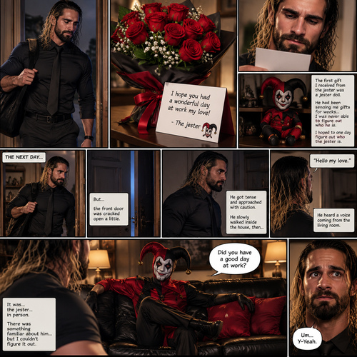 Seth Rollins came home after a long day,He discovered a bouquet of roses on his table. He reads the card,it says “I hope you had a wonderful day at work my love!-The jester”. This wasn’t the first time he received a gift like this. A mysterious person known as the Jester had been stalking him and sending him gifts for weeks. He was never able to figure who this person is. The first gift he received from the jester was a jester doll. He hoped to one day figure out who the jester is. The next day,he came home from work as usual….but….he discovered that the front door was cracked open a little. He got tense and approached with caution. He slowly walked inside the house,then….he heard a voice coming from the living room “Hello my love”. He looked at the source….it was…the jester….in person,Sitting on Seth’s couch. There was something familiar about him…but Seth couldn’t figure it out. “Did you have a good day at work?” Asked the Jester. Seth was a little nervous. “Um…Y-Yeah” said Seth