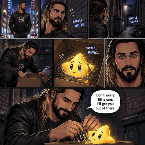 Seth Rollins was having a stroll down the street at night,then…he heard a small crying sound. He followed the sound to an alleyway. At first he didn’t see anything…then he heard the small crying noise coming from a box. He looked inside…he couldn’t believe it…it was a star (Luma). It was tangled up in a net. He got over his shock. “Don’t worry little one,I’ll get you out of there” said Seth