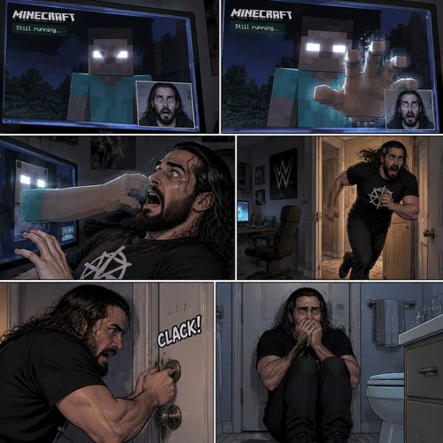 (part 2) Minecraft is still running. Herobrine still stared at Seth Rollins through the webcam. Seth was still paralyzed from fear. Herobrine put his hand on the screen…it went through. Seth ran out of the room in fear and locked himself in the bathroom