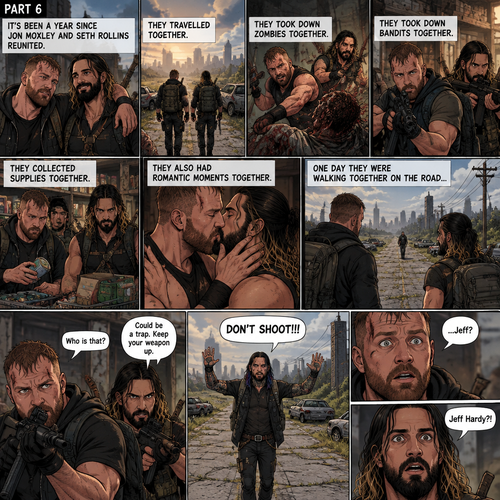 (Part 6). Still in the zombie apocalypse. “it’s been a year since Jon Moxley and Seth Rollins reunited. They travelled together,They took down zombies together,They took down bandits together,They collected supplies together,They also had romantic moments together. One day they were walking together on the road…Then…..they see a person approaching them from the distance. They raise their weapons at the person just to make sure that the person wasn’t a threat. The person raised his hands and shouted “DON’T SHOOT!!!”. They recognized that voice…It was Jeff Hardy. They were shocked