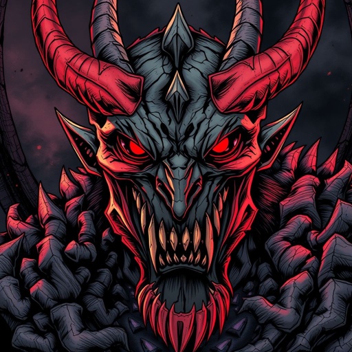 Zeridon demon warlord king zoomed into his scary face showing his snakelike bloody sharp fangs and red eyes large horns and spikes show all details including the scales and crack in the face. Make it very scary and unsettling 