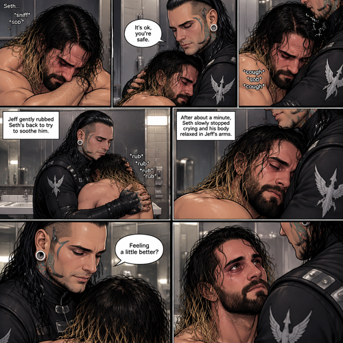 (Recap) Seth Rollins was crying in the men’s bathroom of a fancy restaurant because his girlfriend of 5 years cheated on him,then Dark angel royal guards burst in the restaurant lead by Jeff Hardy (The dark angel king),Seth locked himself in the bathroom,one of the guards banged on the door,Seth had flashbacks of his childhood and his abusive father,Seth had a panic attack,Jeff stopped the guard and told him to leave,He convinced Seth to let him in,He slowly approached him,Seth’s body tenses like he expected to get hit,Jeff gently put his hand on Seth’s cheek. (And now part 2). Seth was still crying. “It’s ok,you’re safe” Jeff said softly. He gently pulled Seth into his embrace. Seth coughed while he cried. Jeff gently rubbed Seth’s back to try to soothe him. After about a minute,Seth slowly stopped crying and his body relaxed in Jeff’s arms. “Feeling a little better?” Jeff asked softly