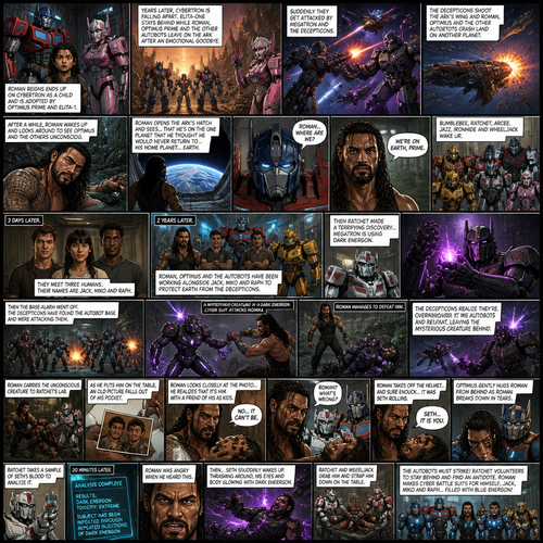 WWE Superstar Roman Reigns ends up on Cybertron as a child and ended up adopted by Optimus Prime and Elita-1.Years later Cybertron is falling apart,Elita-One stays behind while Roman,Optimus Prime and the other Autobots leave on the ark after an emotional goodbye.Then suddenly they get attacked by Megatron and the Decepticons.Then The Deceptions shoot the ark’s wing and Roman and Optimus and the other Autobots crash land on another planet.After A while Roman wake up and looks around and sees Optimus and the Autobots unconscious.Roman opens the Arks hatch and sees…That he’s on the one planet that he thought he would never return to…His home planet..Earth.Then Optimus wakes up.Roman explains to him that they’re on earth,Then bumblebee,Ratchet,Arcee,Jazz,Ironhide and wheel jack wakes up.Timeskip to 3 days later.They meet Three humans,Thier names are Jack,Miko and Raph.Timeskip to 2 years later.Roman and Optimus and the Autobots have been working along side Jack,Miko and Raph to protect earth from the Decepticons.Then Ratchet made a terrifying discovery…Megatron is using Dark energon.Then the base alarm went off.The Decepticons have found the Autobot base and were attacking them.Then a mysterious creature in a dark energon cyber suit attacks Roman.Roman manages to defeat him.The Decepticons realize they’re overwhelmed by the Autobots they retreat leaving the mysterious creature behind.Roman Carries the unconscious creature to Ratchet’s lab.As he puts him on the table an old picture falls out of his pocket.While ratchet Straps the unconscious mysterious creature to the table Roman looks at the photo.There’s two young boy on it,As Roman looked closely at the photo….He realizes that it’s him with a friend of his as kids, “No….It can’t be” said Roman. Optimus and Ratchet Noticed the look on his face, “Roman? What’s Wrong?” Asked Optimus. But Roman didn’t answer.He walked to the unconscious man,He takes off the Helmet…and sure enough…It was Seth Rollins (Roman and Seth are childhood friends in this story).Roman was shocked,Then tears stream down his face. “Seth..It is you” Roman said to him self.Optimus Gently hugged Roman from behind.Ratchet takes a sample of Seth’s blood to analyze it while Roman silently cries in Optimus’s arms and Arcee,Bumblebee,Wheeljack,Ironhide,Jack,Miko and Raph watch with sympathetic looks on their faces.20 Minutes later Ratchet returns with a grim look on his face.He has the results.Apparently Megatron has been injecting Dark energon into Seth’s body.Roman was Angry when he heard this.Then…Seth Suddenly wakes up and thrashing around and wanting to attack someone.His eyes and body were glowing with dark energon.Ratchet and Wheel Jack grabs him the straps him down on the table.It’s pretty clear…The Autobots must strike! They prepare for battle,Ratchet Volunteers to stay behind and find an antidote for the dark energon,Roman makes a cyber battle suit for himself,Jack,Miko and Raph…Filled with blue energon!