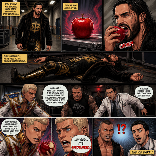 Seth Rollins was walking back stage minding his own business,Then he saw a red apple.He took a bite of it…Then suddenly fell to the ground unconscious.Cody Rhodes and Randy Orton saw what happened and rushed Over to him.A nearby doctor heard the commotion and ran over.”Cody and I were just talking then we saw Seth collapsed on the ground unconscious after taking a bite from that apple” Randy said to the doctor.Cody noticed something off about that apple,So he took a closer look at it.”..Oh god…It’s enchanted!” Said Cody.Randy and the doctor were shocked. End of part 1