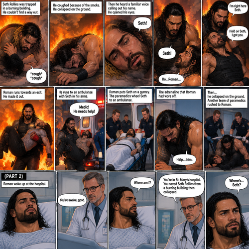 (Recap) Seth Rollins was trapped in a burning building,he couldn’t find a way out,he coughed because of the smoke,he collapsed on the ground,then he heard a familiar voice calling out his name,He opened his eyes,it was Roman Reigns,Seth weakly called out Roman’s name,Roman Rushed over to Seth,”I’m right here Seth” said Roman,he lifted Seth in his arms,”Hold on Seth,I got you” Roman said to Seth”,Roman runs towards an exit,he made it out,He runs to an ambulance with Seth in his arms,”Medic! He needs help!” Roman yelled,he puts Seth on a gurney,the paramedics wheel Seth to an ambulance,the adrenaline that Roman had wore off,”Help….him” said Roman,then….he collapsed on the ground,another team of paramedics rushed to Roman. (And now part 2). Roman woke up at the hospital. A doctor walked in. “You’re awake,good” said the doctor. “Where am I?” Roman asked. “You’re in st. Mary’s hospital,You Saved Seth Rollins from a burning building then collapsed” said the doctor. “Where’s…Seth?” Roman asked 