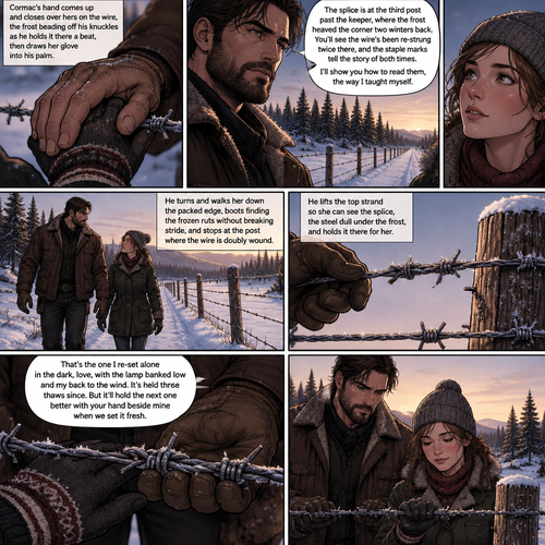 Cormac's hand comes up and closes over hers on the wire, the frost beading off his knuckles as he holds it there a beat, then draws her glove into his palm. He looks down the line to the bend where the fence disappears into the pines, then back at her, something unhurried settling in his jaw.
The splice is at the third post past the keeper, where the frost heaved the corner two winters back. You'll see the wire's been re-strung twice there, and the staple marks tell the story of both times. I'll show you how to read them, the way I taught myselt.
He turns and walks her down the packed edge, boots finding the frozen ruts without breaking stride, and stops at the post where the wire is doubly wound. He lifts the top strand so she can see the splice, the steel dull under the frost, and holds it there for her.
That's the one I re-set alone in the dark, love, with the lamp banked low and my back to the wind. It's held three thaws since. But it'll hold the next one better with your hand beside mine when we set it fresh.
He steps back, pulling the strand clear so she can lay her hand flat on the splice, and then he stands beside her hoth of them holding the