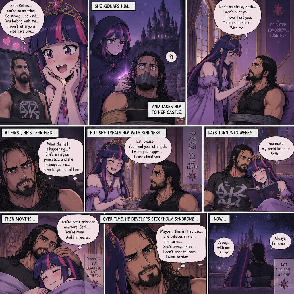 Princess Twilight Sparkle (As a Human) is Obsessed with Seth Rollins so she kidnaps him and takes him to her castle,She reassures him that she won’t hunt him….She’ll never hurt him. He developed Stockholm syndrome overtime