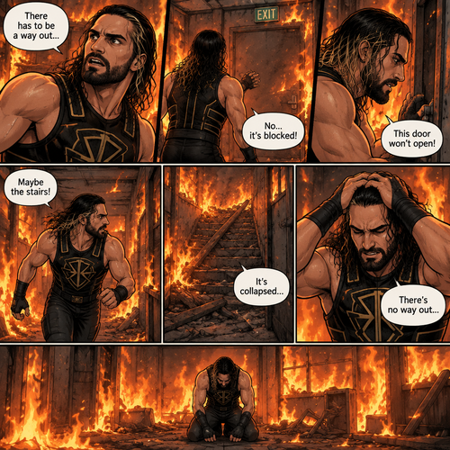 Seth Rollins is in a burning building,He tries to find a way out,he couldn’t find a way out