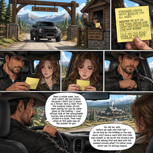 *The truck rolls under the timber gate and onto the flat below, the engine settling to a low, steady note as Cormac keeps her hand under his on the stick. A mile past the gate, at the mouth of the lower lane, a neighbour with a folding cot at the gatehouse leans out just enough to wave the truck through — no county truck at his door, but a folded paper it in hand, a whole week's worth of valve knots and starter trouble, broken down into a single yellow Post-it he holds up toward the window. It reads, in block handwriting: stranger asking about both of you all week, wanted to act as her town driver and carry her over to some lowland rodeo, told him this road stops at the gate.*
*Cormac reads it once, passes it across the bench without a word for her to read as he idles at the gate, then takes it back and pockets it under the trust deed. He does not speed up. The mill's roof-line is visible ahead now, the road wide open below them, the whole morning's page still blank.*
Been a whole week, love, and I didn't tell you before because I didn't put it down as a threat. He's a rider from the lowland rodeo circuit, been asking for you by name down at the holding — your official title of the untouchable tourist, like a brand he's had circled in a book. That road stops at this gate was all the answer he got.
*He holds the wheel flat and looks down the open road, his thumb riding the ring once, slow. The mill's windows hold their light ahead of them, and the whole of the lower town lies quiet and unbroken between the gate and that door.*
So tell me, wife, before we walk into that hall — do we stop by the holding on the way down, and I have a word with this rider man myself, or do we let the county's pen do the talking first and deal with the lowland circuits after? I'd rather know which one I'm driving toward.