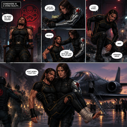 The Winter soldier is rescuing Seth Rollins after he got captured by Hydra.After he was untied from the chair Seth tried to stand but he felt pain on his ankle meaning he sprained it,So Bucky lifted him up in his arms and walked to the jet