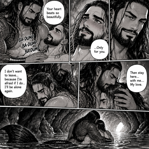 Part 3 of the siren x human story.Still in the cave. The siren (Roman Reigns) Had his hand on Seth Rollins’s chest feeling how loudly his heart was beating. “Your heart beats so beautifully” the siren said softly. Seth blushed. “…Only for you” Seth said softly. The siren smiles at him. Seth leaned into the siren’s embrace. “I don’t want to leave…because I’m afraid if I do…I’ll be alone again” Seth said softly. The siren gently kissed the top of Seth’s head. “Then stay here…with me….My love” The siren said softly